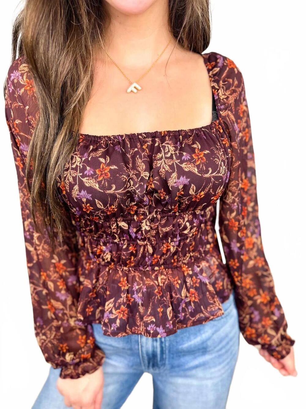 NEW DEX garden sheer mesh long sleeve cropped top in plum